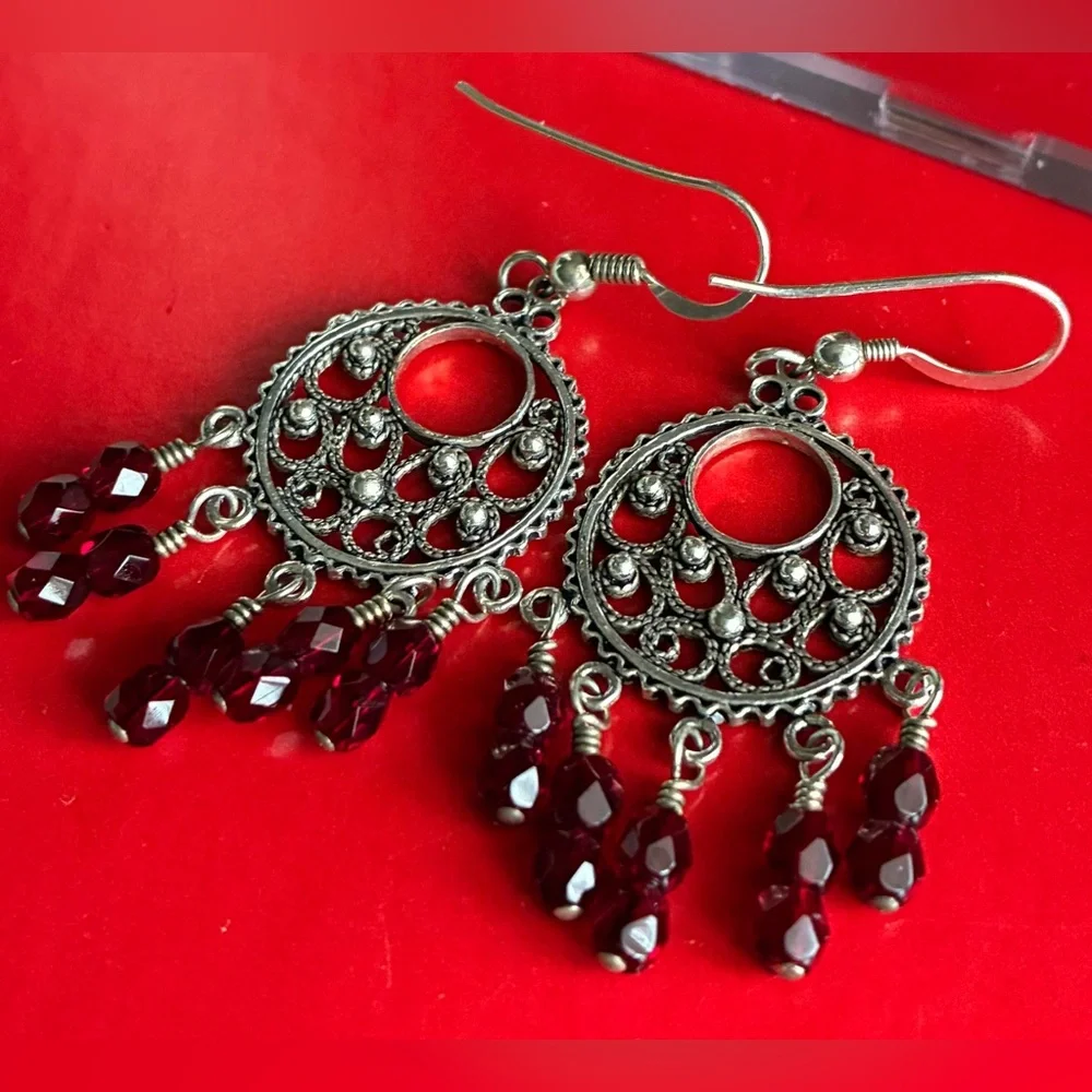 925 Sterling Silver Earrings,Filigree Dangle Earrings with Garnet Red Bead Drops
